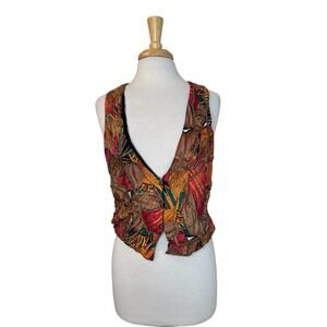 Vintage 90s Embellished Multicolor Vest Tie Back Gold Button Orange Red Small